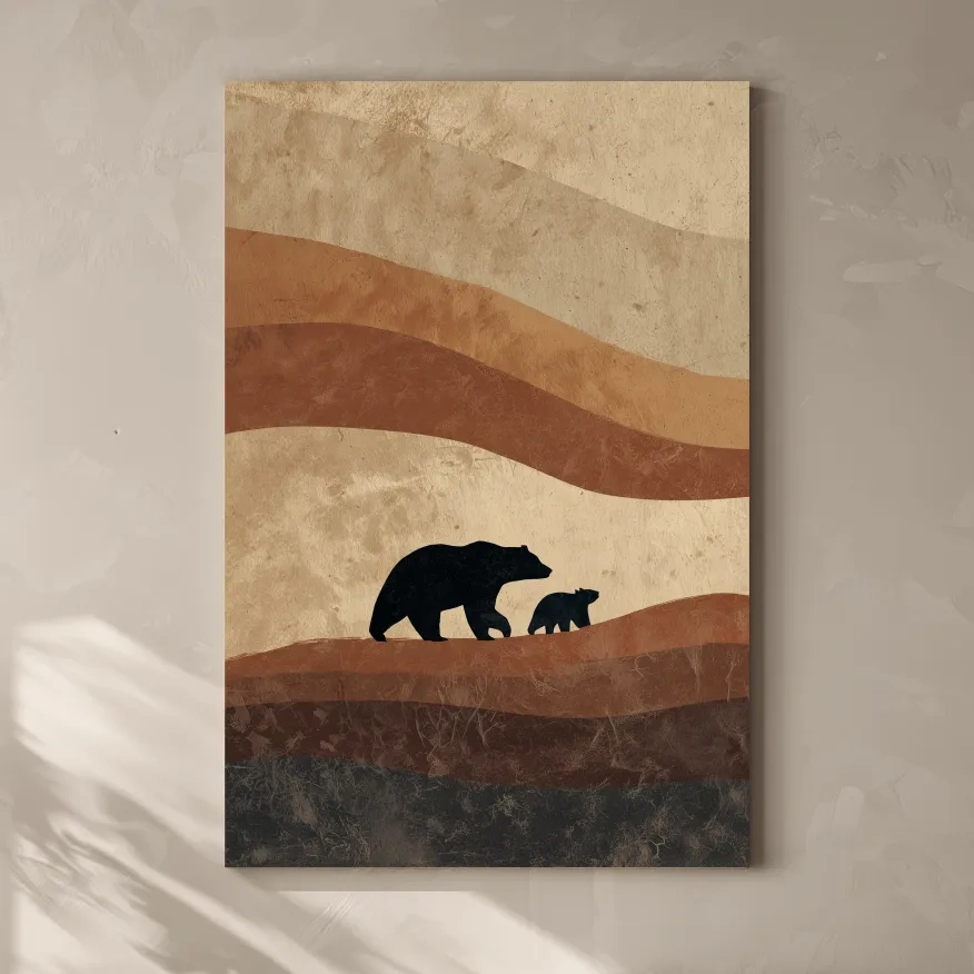 Scandi Bear Family Silhouette Artwork - Earthy Abstract Wildlife Wall Art