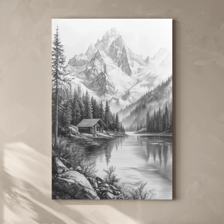 Monochrome Alpine Lake Cabin Sketch Art - Mountain Drawing Wall Art