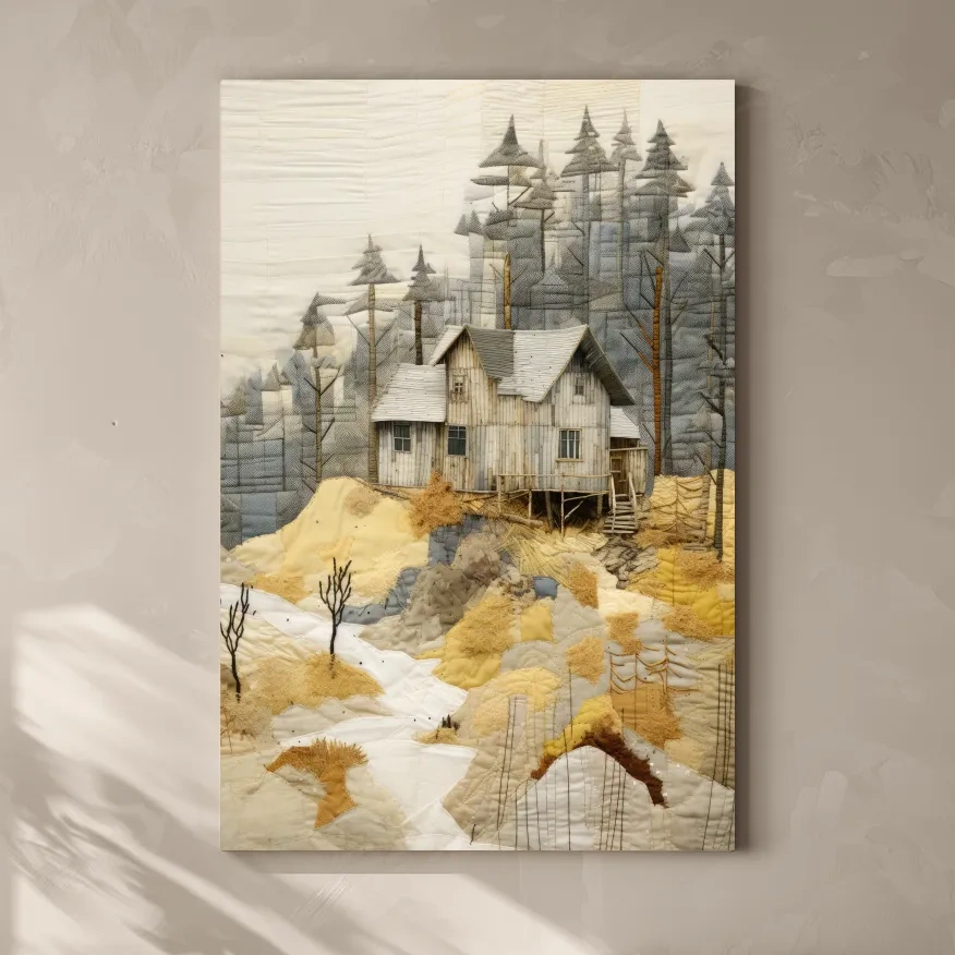 Rustic Woodland Cabin Landscape Quilt Art - Patchwork Style Mixed Media Wall Art