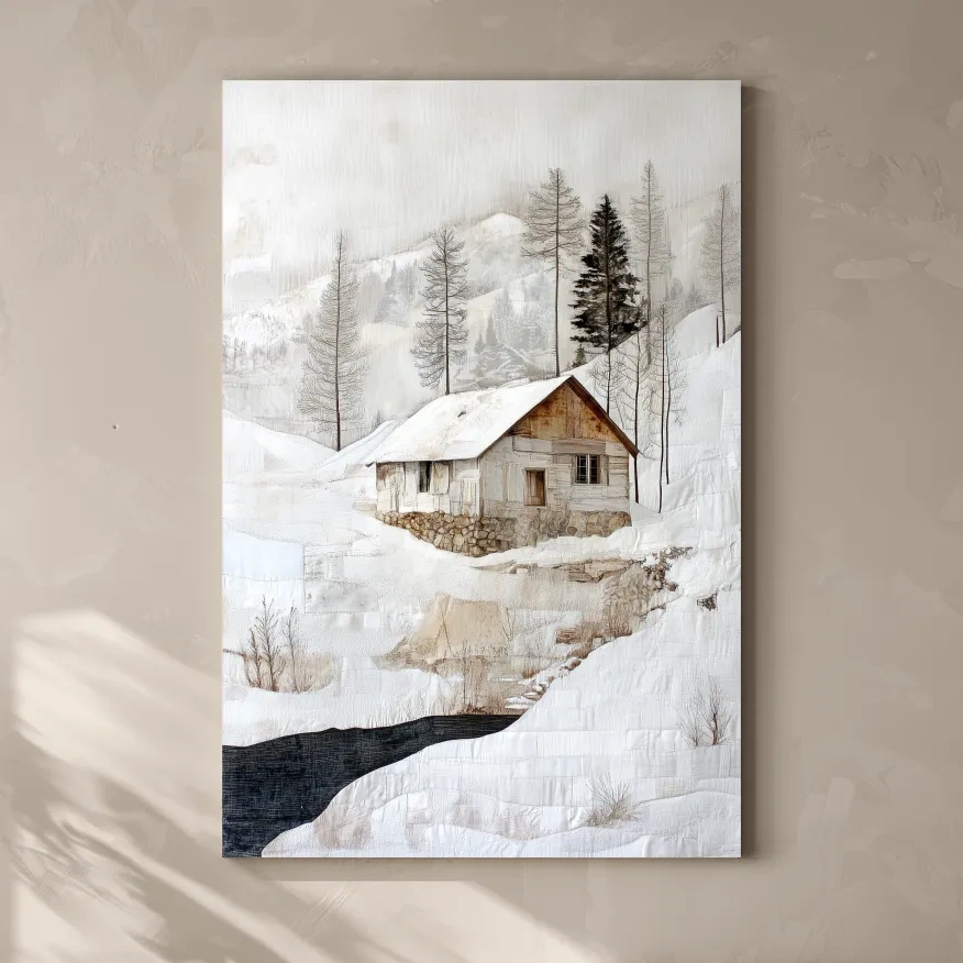 Snowy Mountain Cabin Textured Painting - Winter Landscape Wall Art
