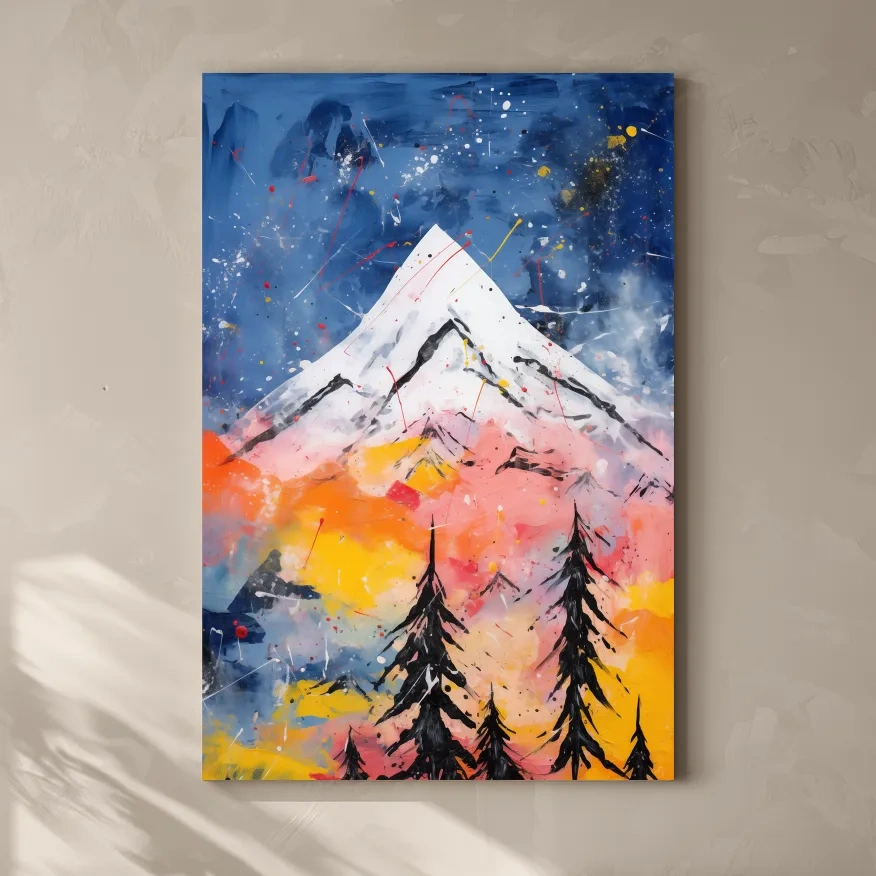 Vibrant Abstract Mountain Peak Sunset Painting - Colorful Acrylic Splash Forest Wall Art