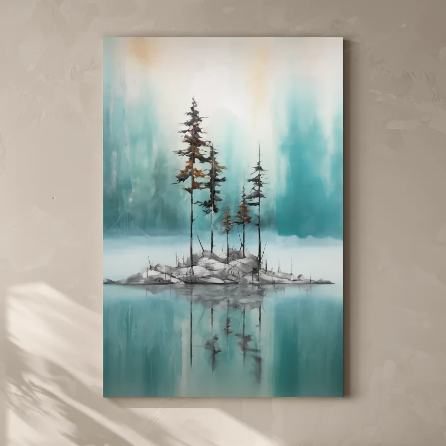 Misty Pine Trees Reflection - Watercolor Turquoise Alpine Lake Wall Art