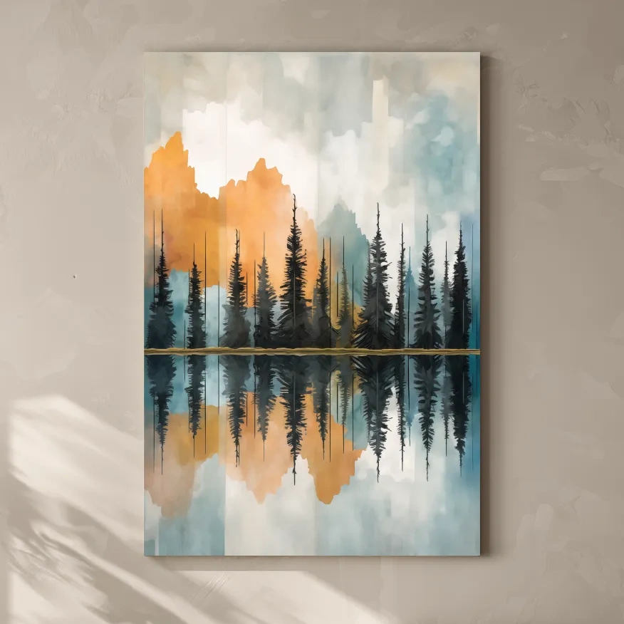 Abstract Watercolor Mountain Lake Reflection - Alpine Forest Landscape Artwork