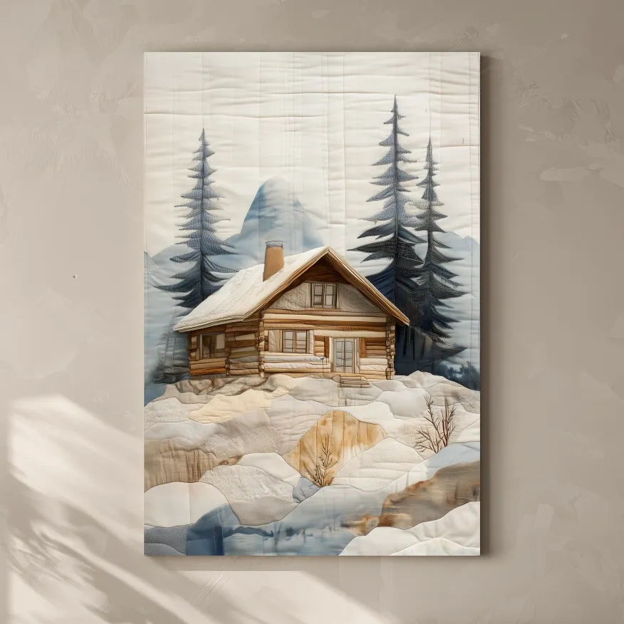 Rustic Winter Cabin In Snowy Pines - Textured Patchwork Fabric Effect Wall Art