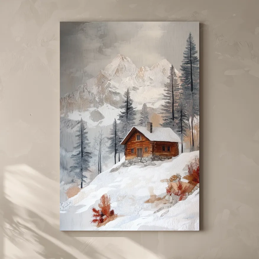 Snowy Mountain Cabin Landscape Painting - Rustic Winter Wilderness Wall Art