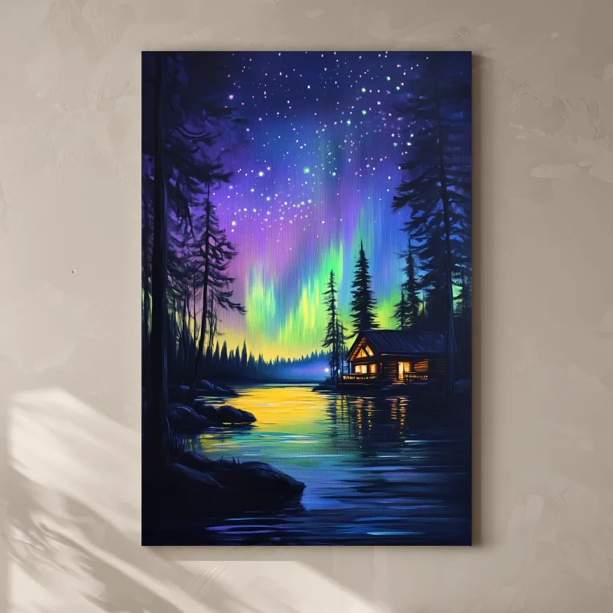 Vibrant Northern Lights Lakeside Cabin Painting - Aurora Borealis Night Landscape Wall Art