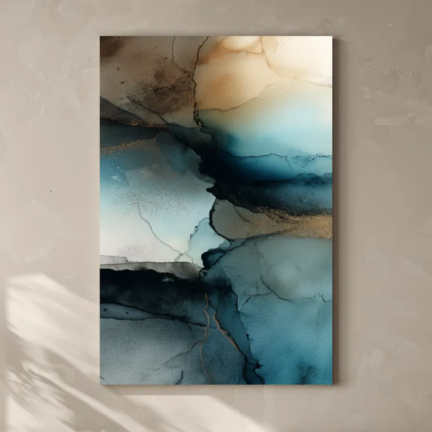 Moody Teal Ink Wash Abstract - Alcohol Ink Style Mountain Wall Art