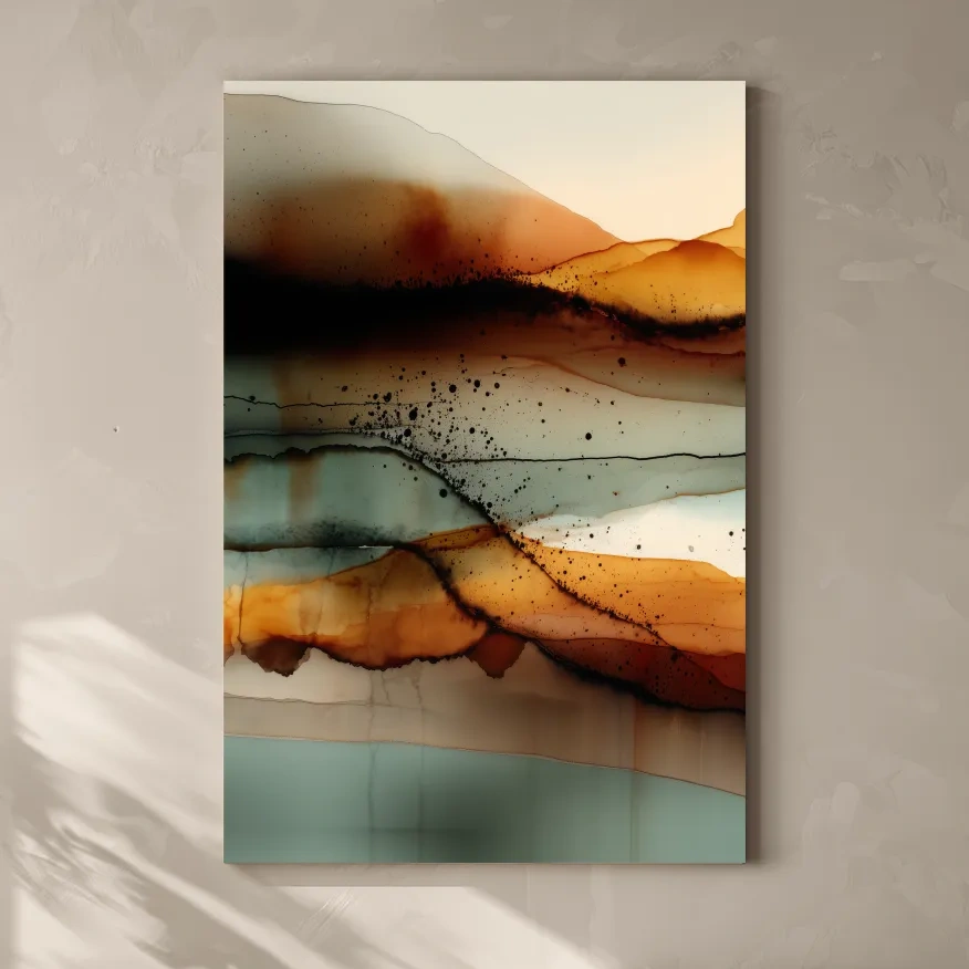 Earth Tone Ink Wash Mountain Landscape - Abstract Modern Wall Art
