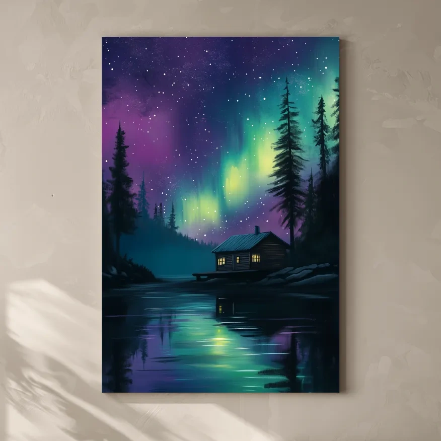 Aurora Borealis Lake Cabin Painting - Northern Lights Wall Art