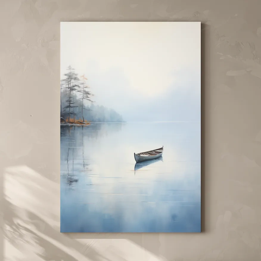 Misty Lake Canoe Reflection Painting - Serene Minimalist Waterscape Wall Art
