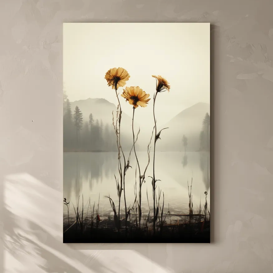 Wildflower Misty Lake Landscape - Minimalist Botanical Wall Art