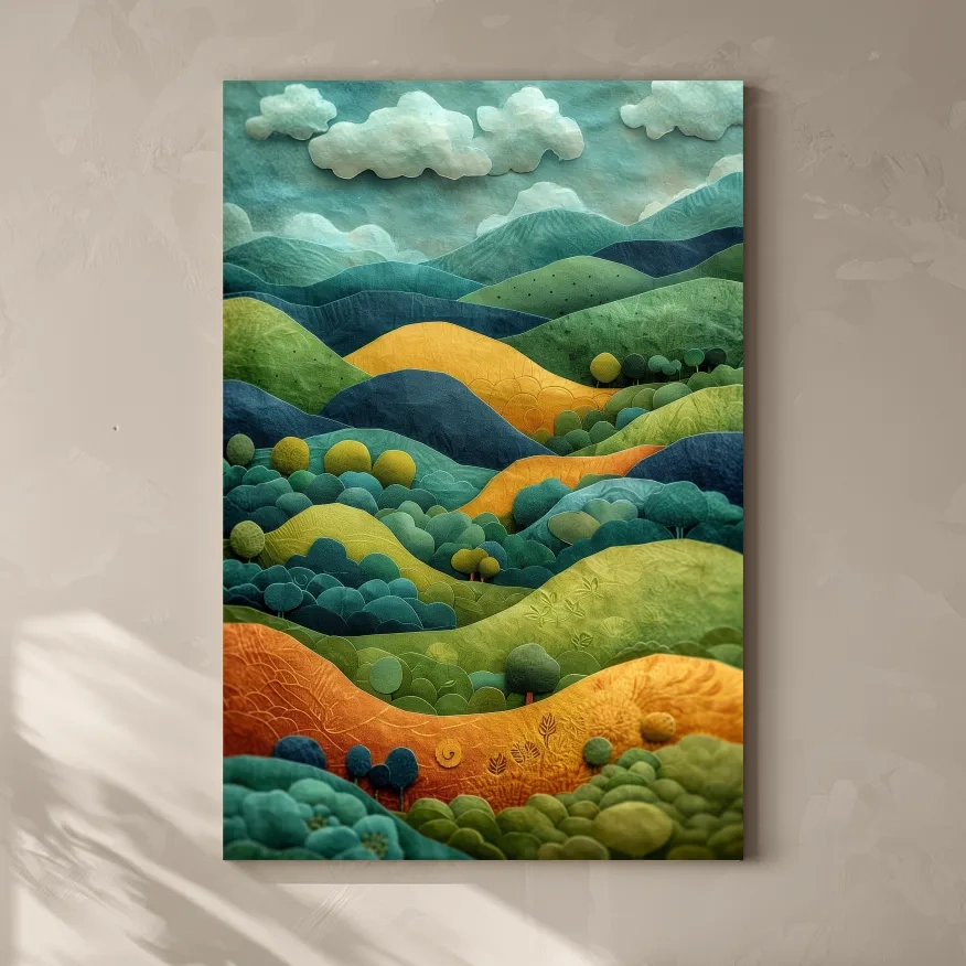 3D Layered Paper Cut Style Mountain Artwork - Whimsical Surreal Landscape Wall Art