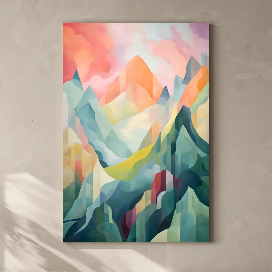 Vibrant Abstract Pastel Mountain Sunset - Geometric Watercolor Style Wall Art