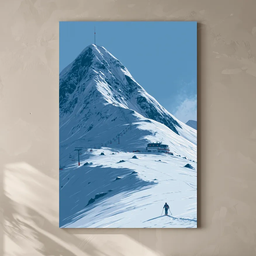 Alpine Mountain Skier Artwork - Minimalist Winter Landscape Wall Art