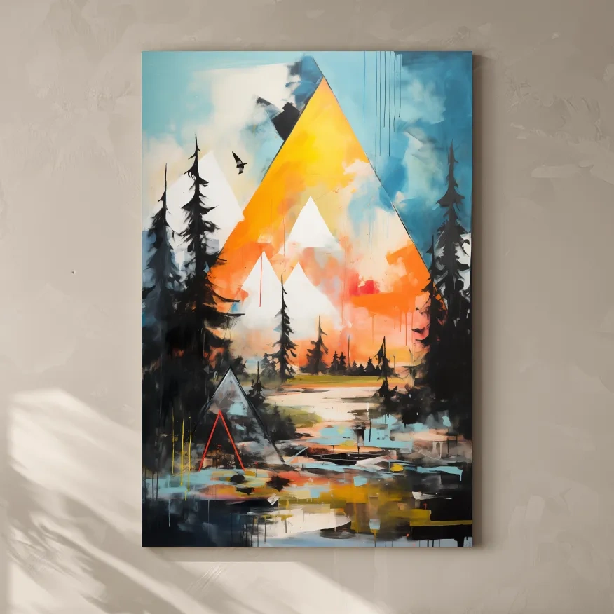 Vibrant Abstract Mountain Painting - Modern Geometric Alpine Forest Wall Art