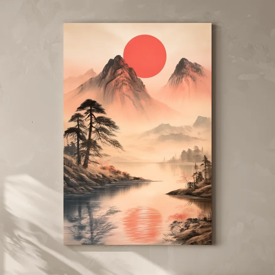 Zen Misty Mountain Lake Sunrise - Japanese Ink Wash Wall Art