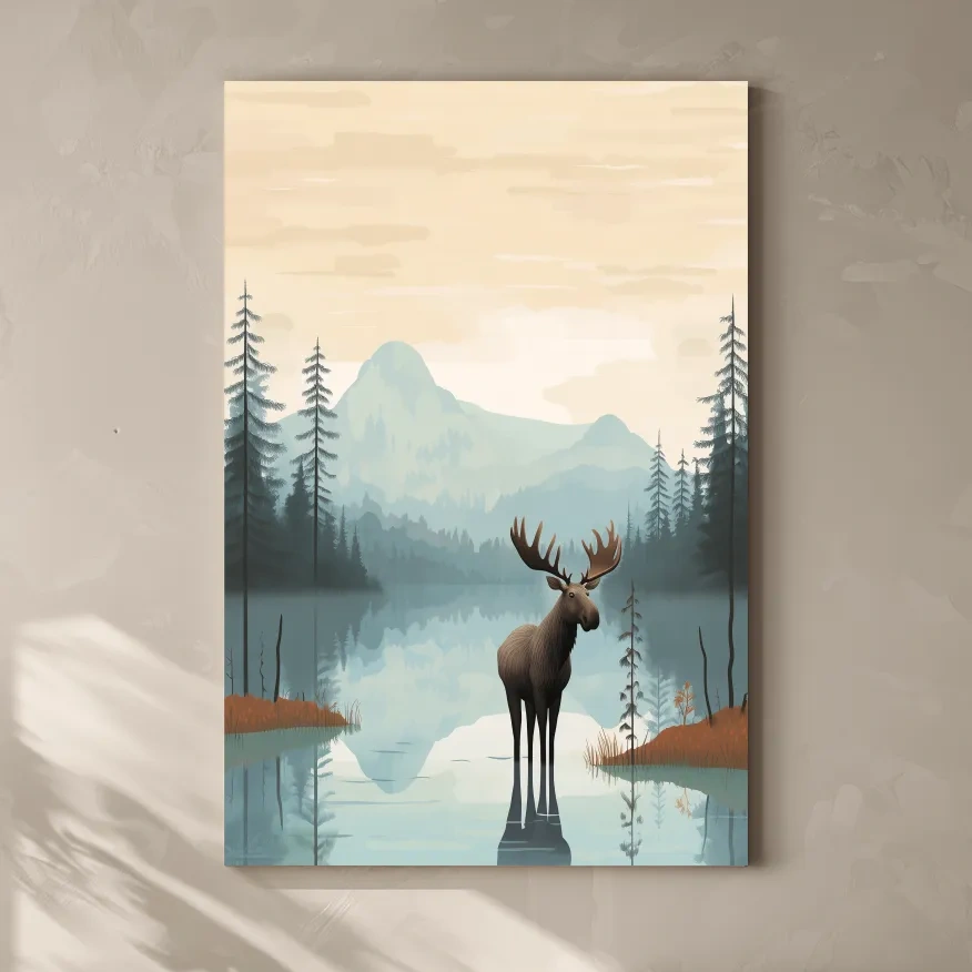 Moose Mountain Lake Illustration - Nursery Forest Mountain Wall Art