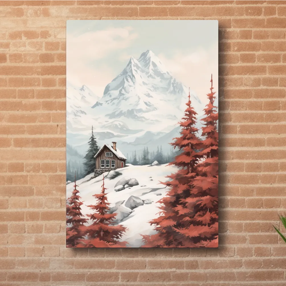 Painting of a snowy alpine scene, red fall leaves, an alpine cabin and glacier