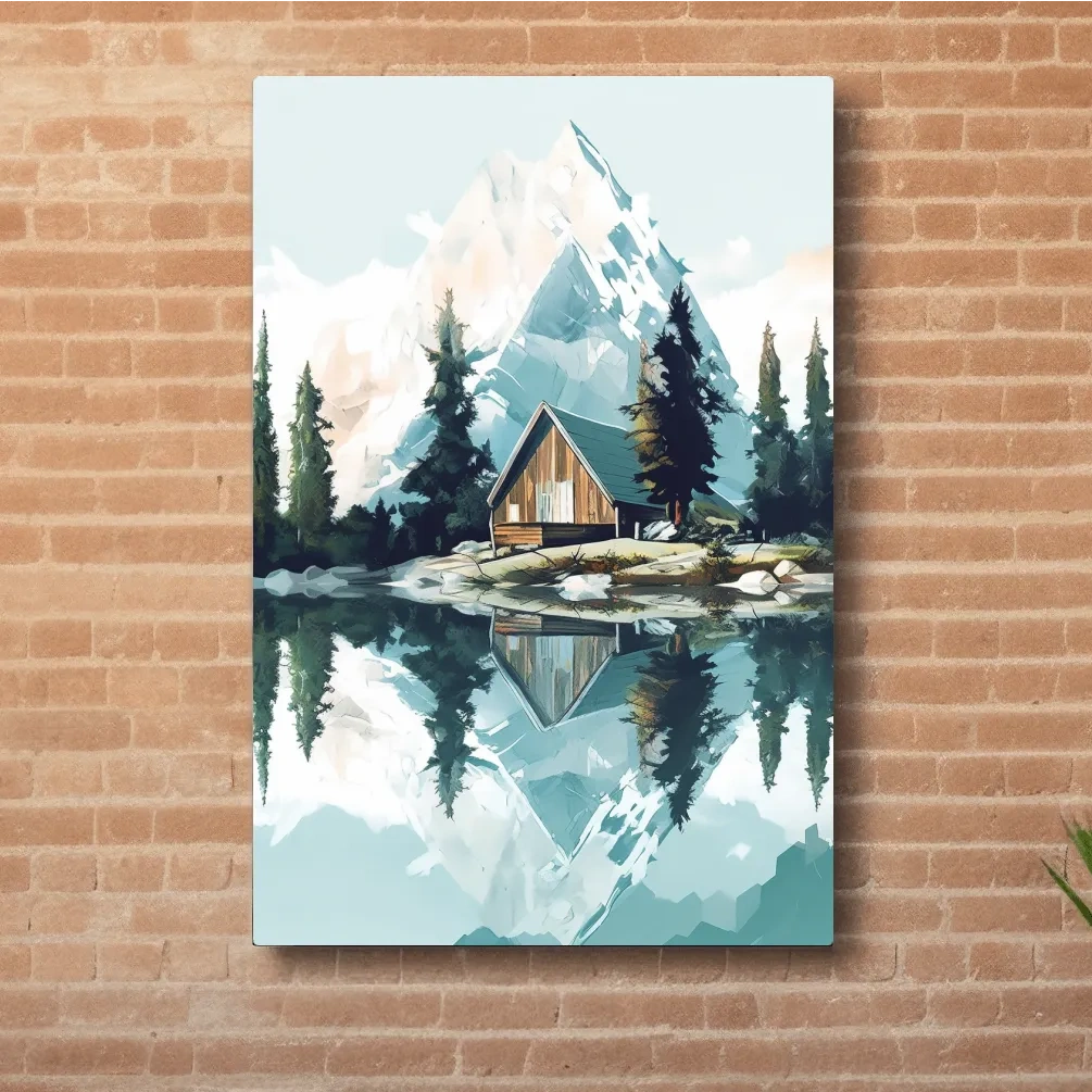 Serene Alpine Cabin Lake Painting - Mountain Landscape Wall Art
