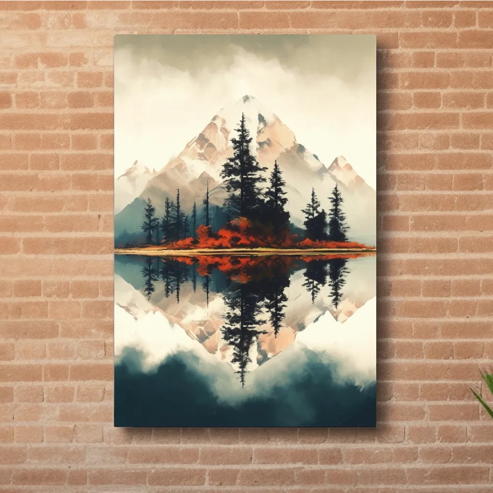 Minimal mountain art, trees by an alpine lake