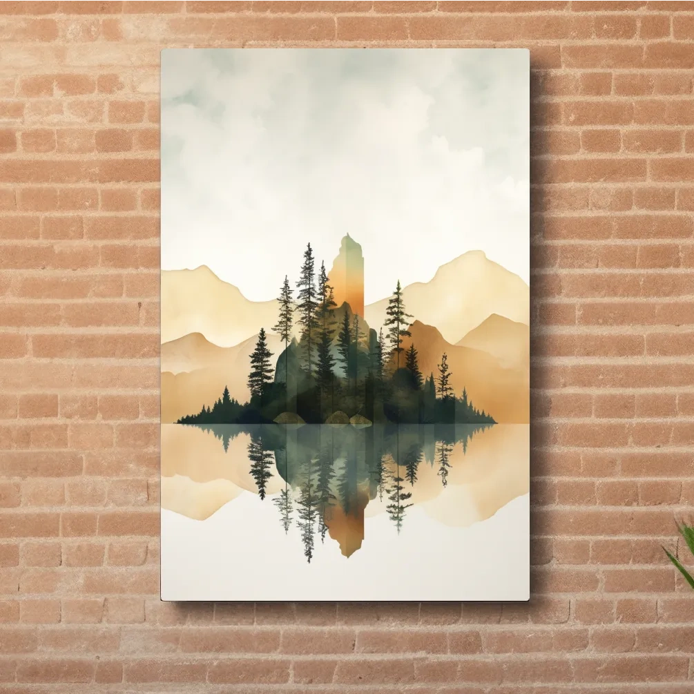 Minimal watercolour painting of alpine trees by a lake