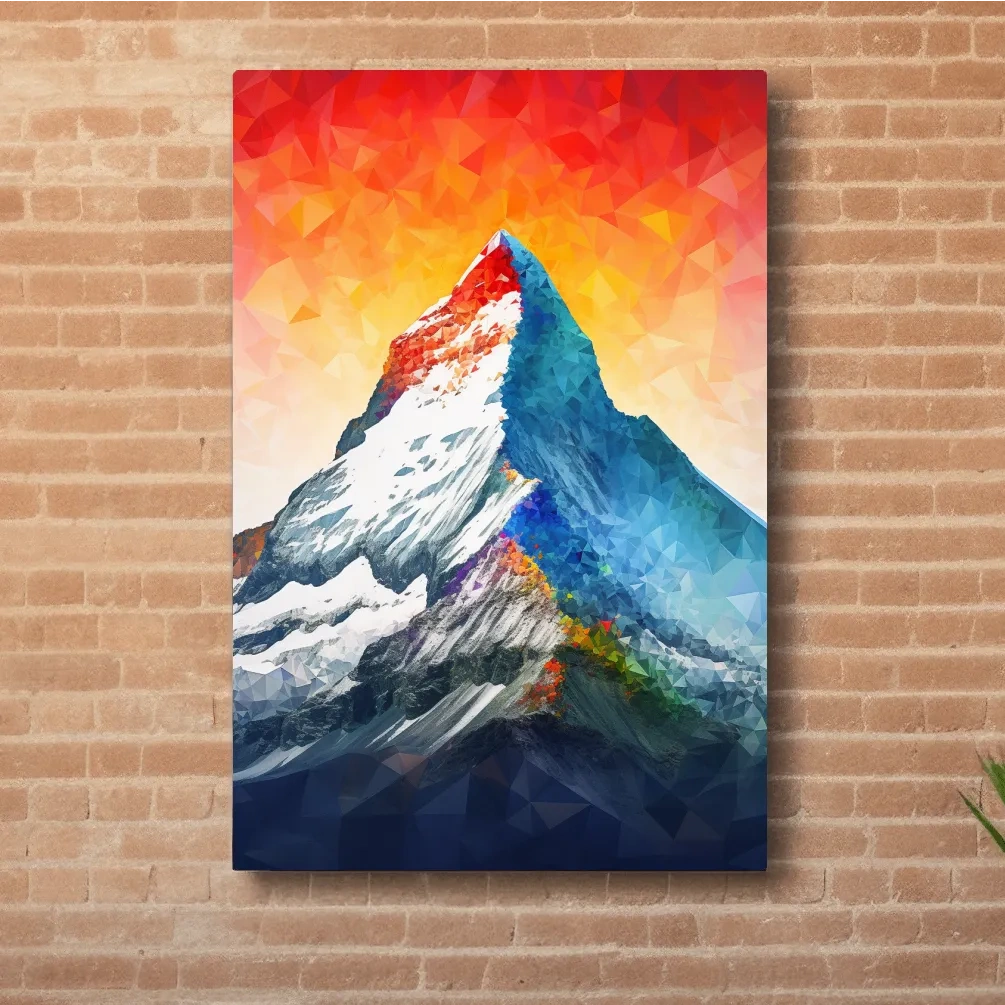 Vibrant abstract mountain painting, sunset over a glacier