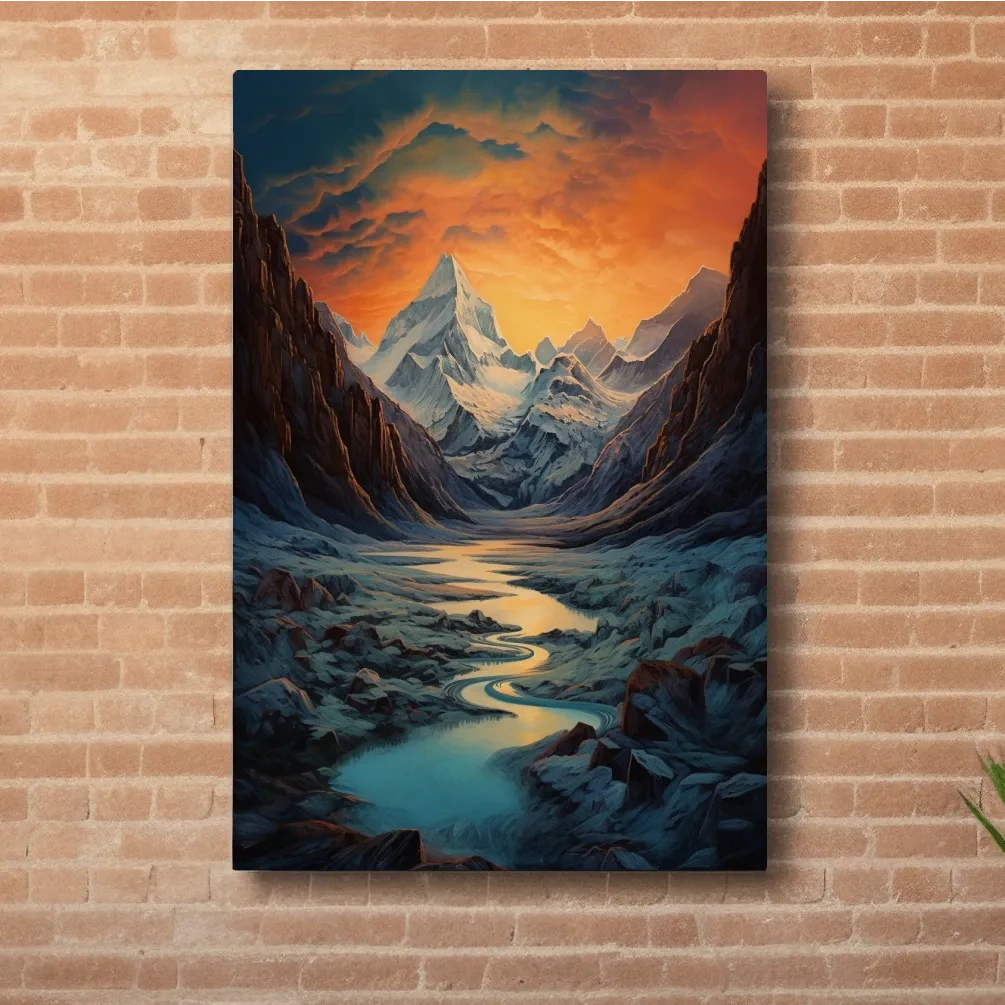 Oil painting of a glacier at sunset