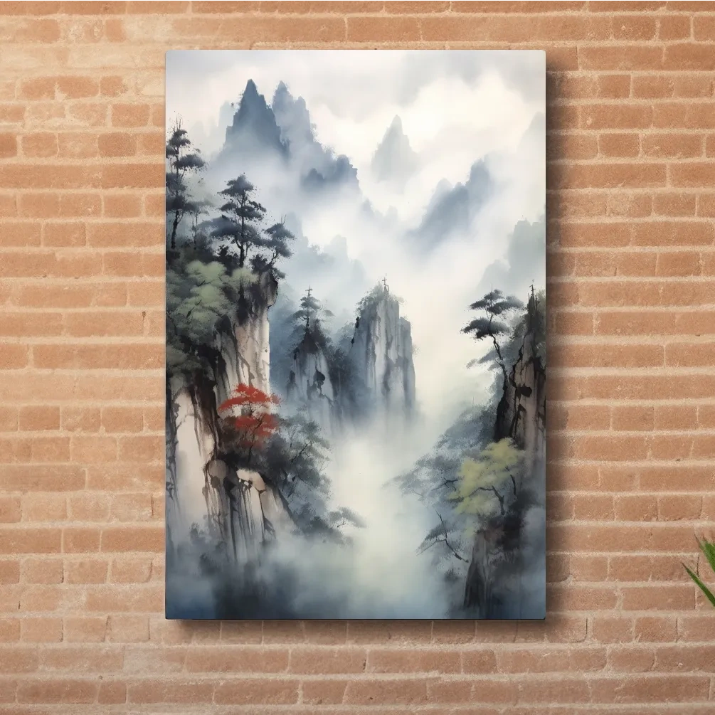 Chinese ink wash style watercolour painting of a misty mountain landscape