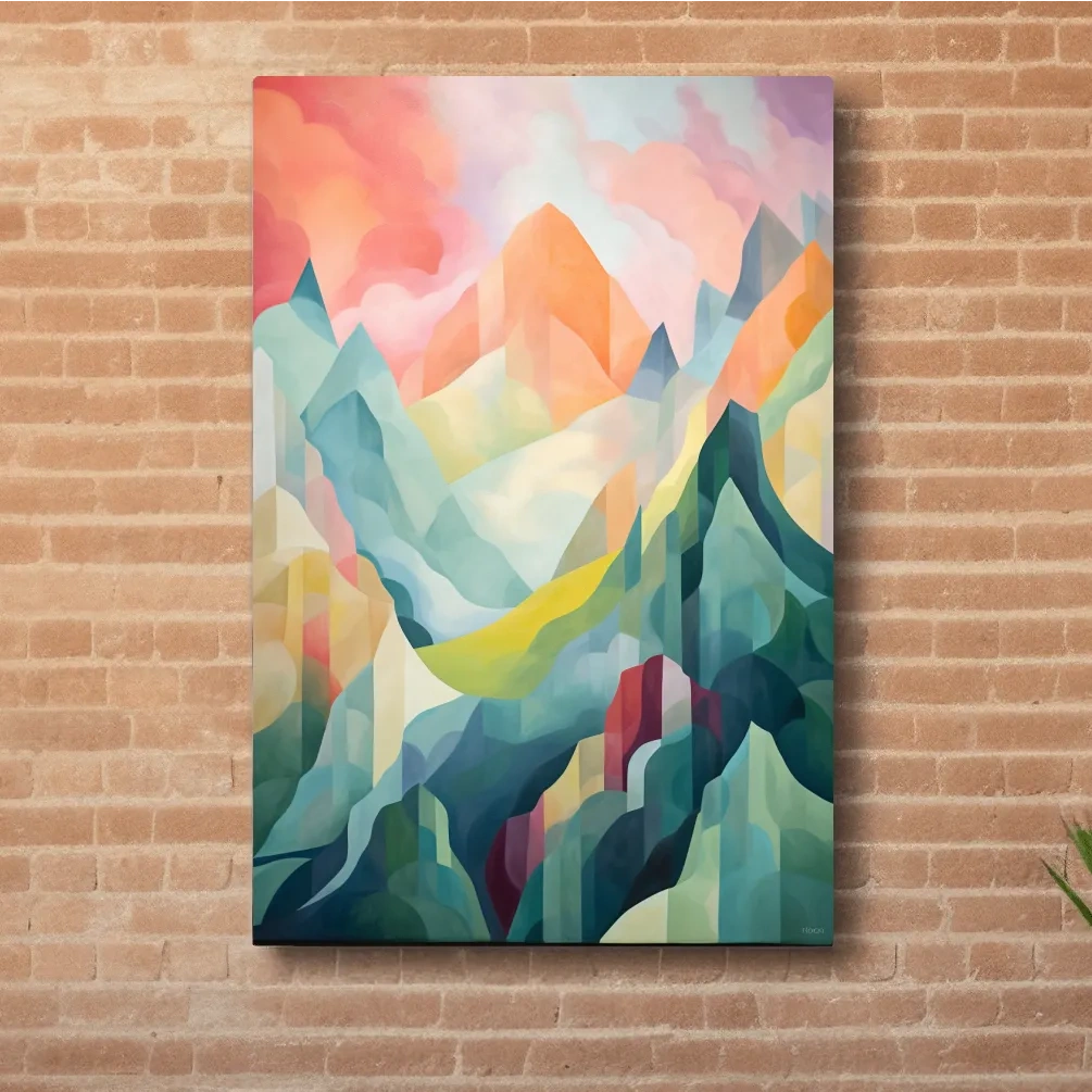 Abstract painting of mountains at sunset