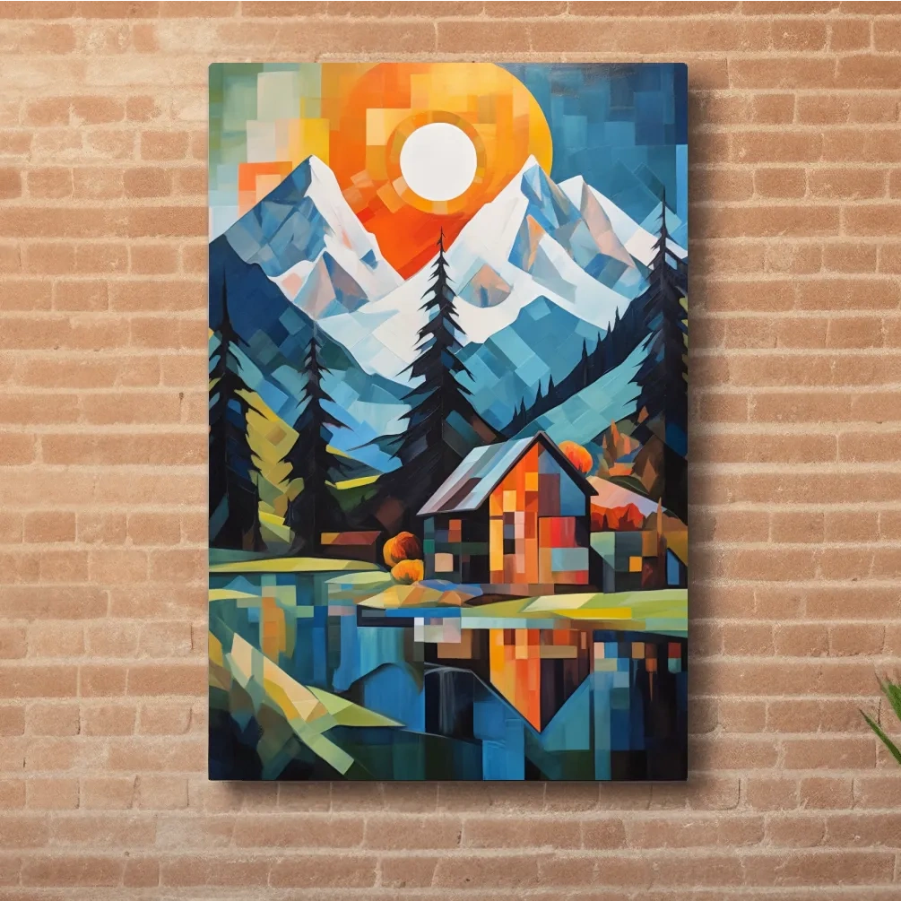 Geometric Alpine Cabin Lake Sunset - Vibrant Impressionist Mountain Wall Art
