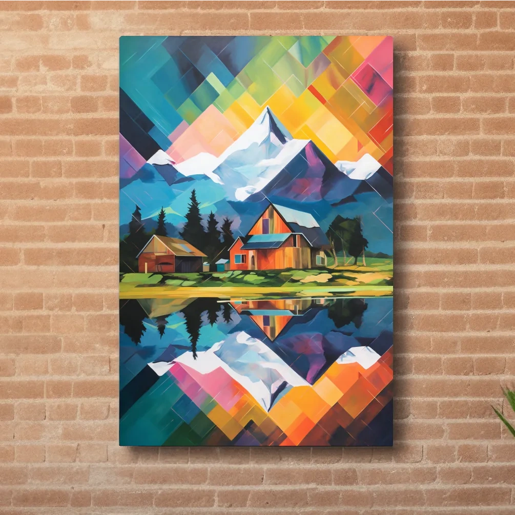 Vibrant abstract painting of a cabin by a glacier and lake
