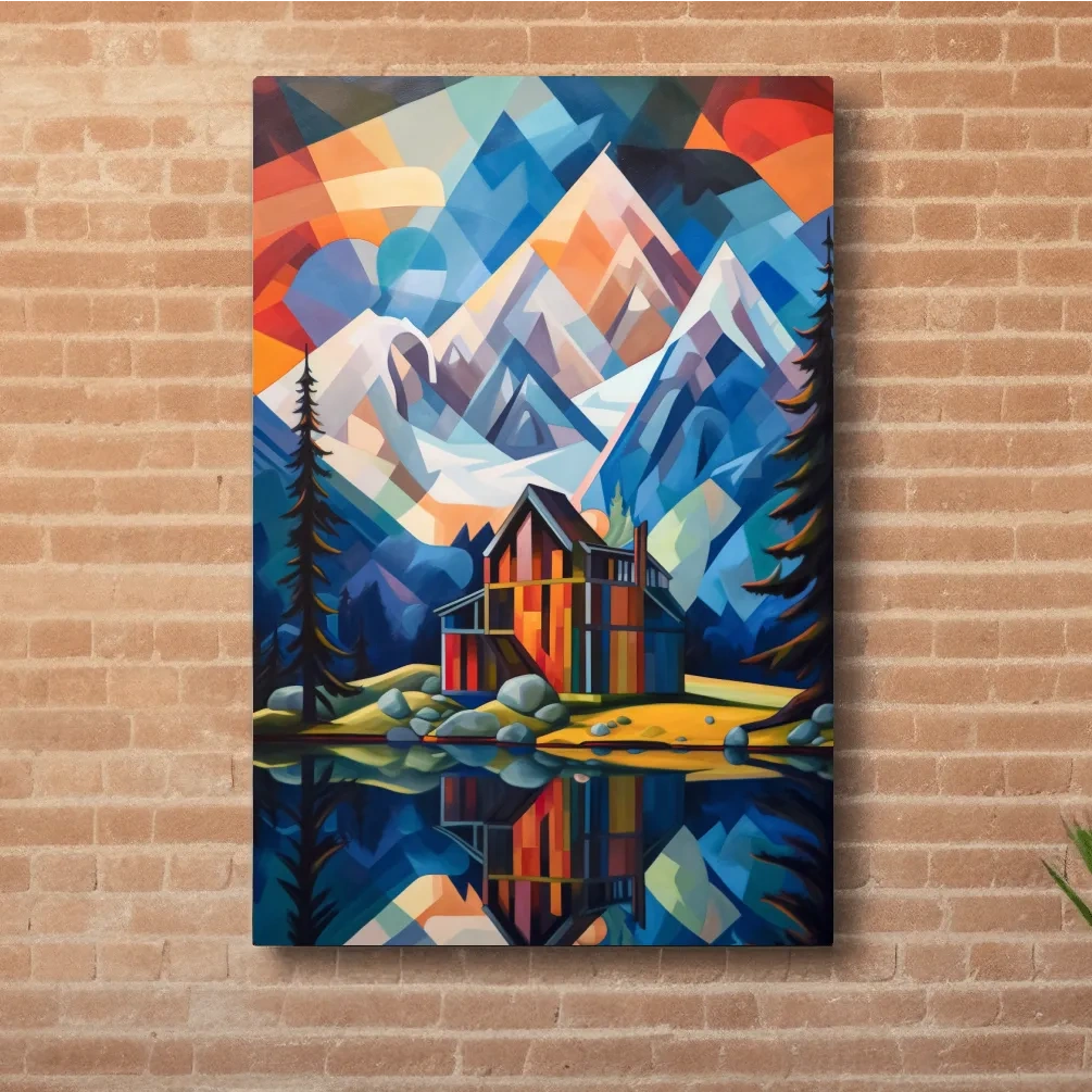 Abstract painting of a cabin by a lake