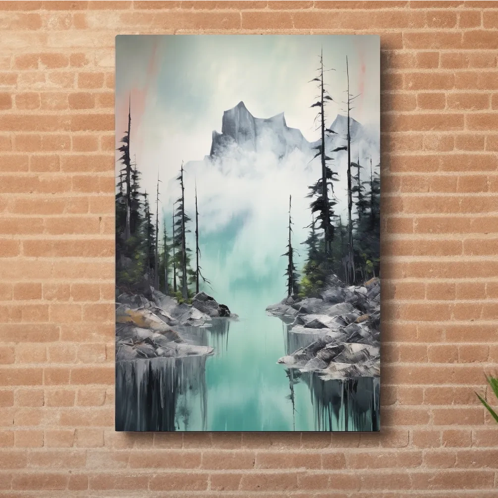 Painting of a turquoise alpine lake and mountain in the fog