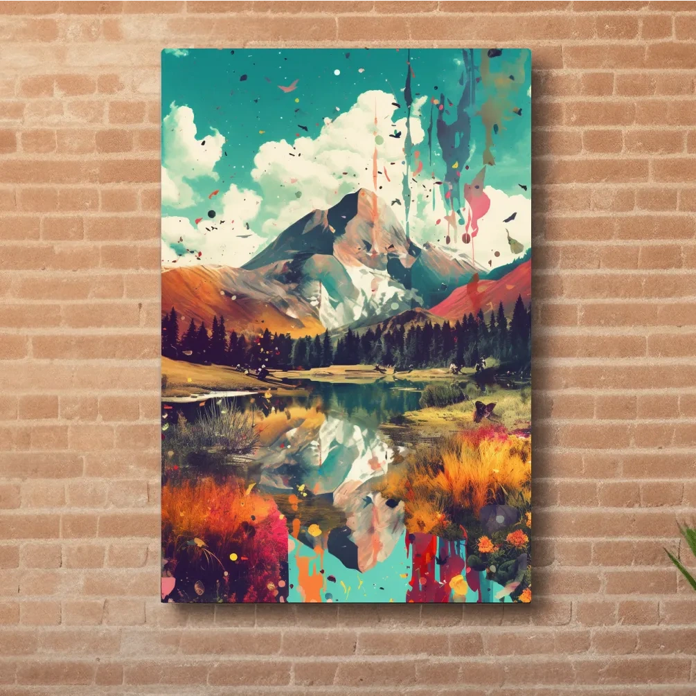 Colourful splattered abstract painting of a mountain and lake