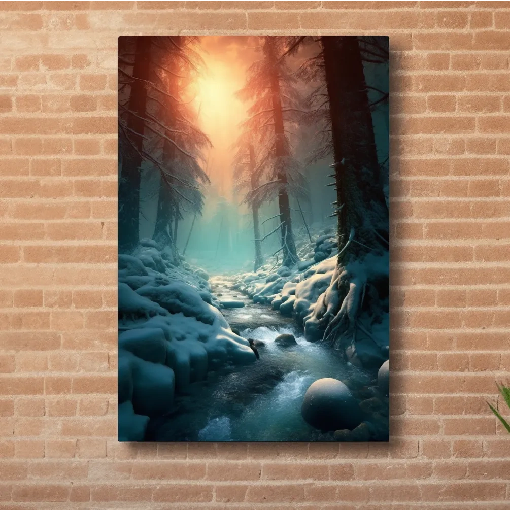 Photographic wall art, a stream running through the snow