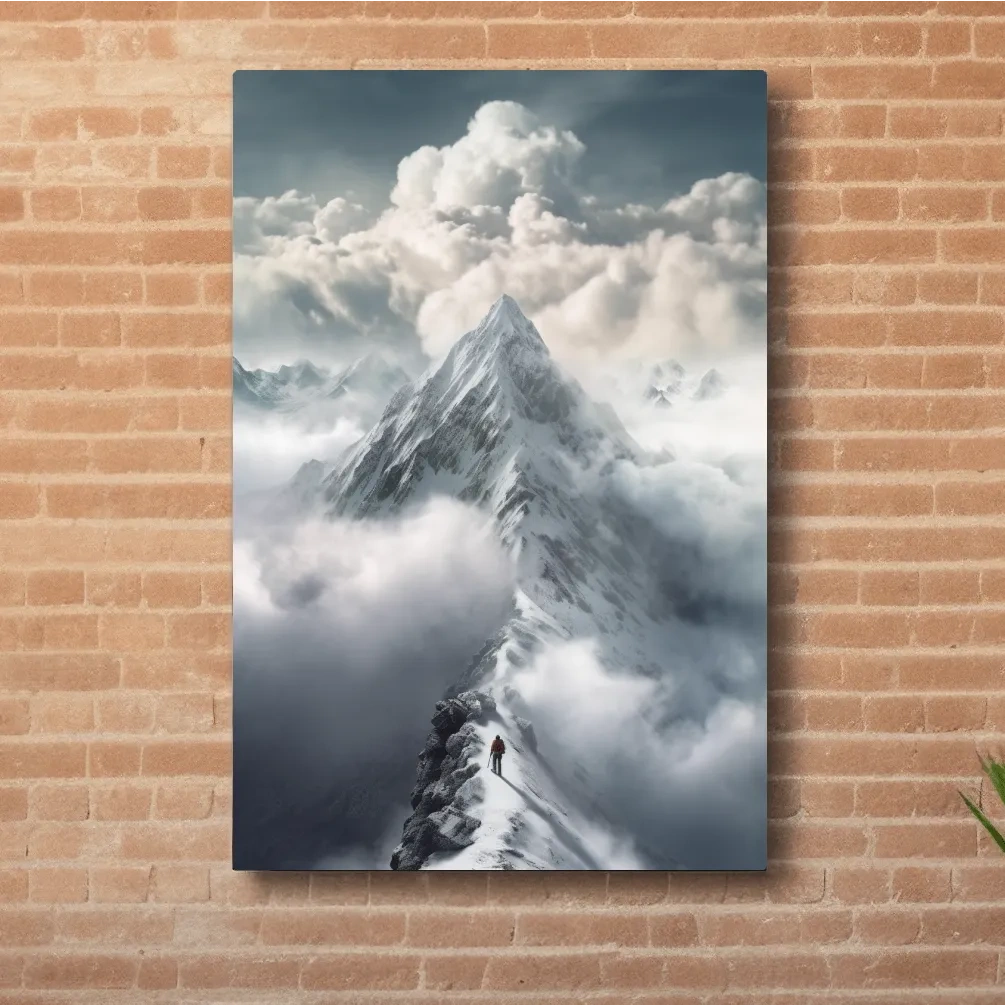 Painting of a person approaching the summit of a snowy mountain