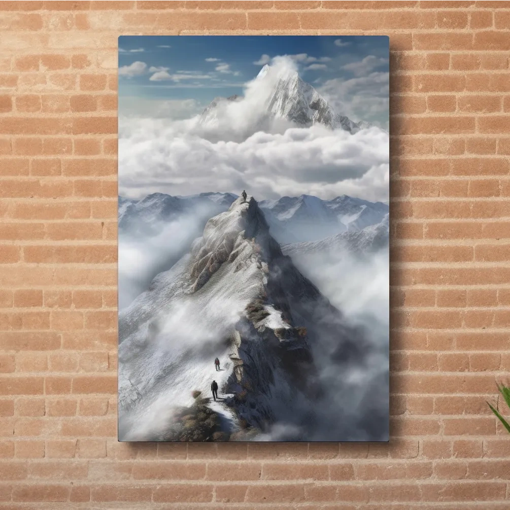 Painting of adventurers hiking up a ridge