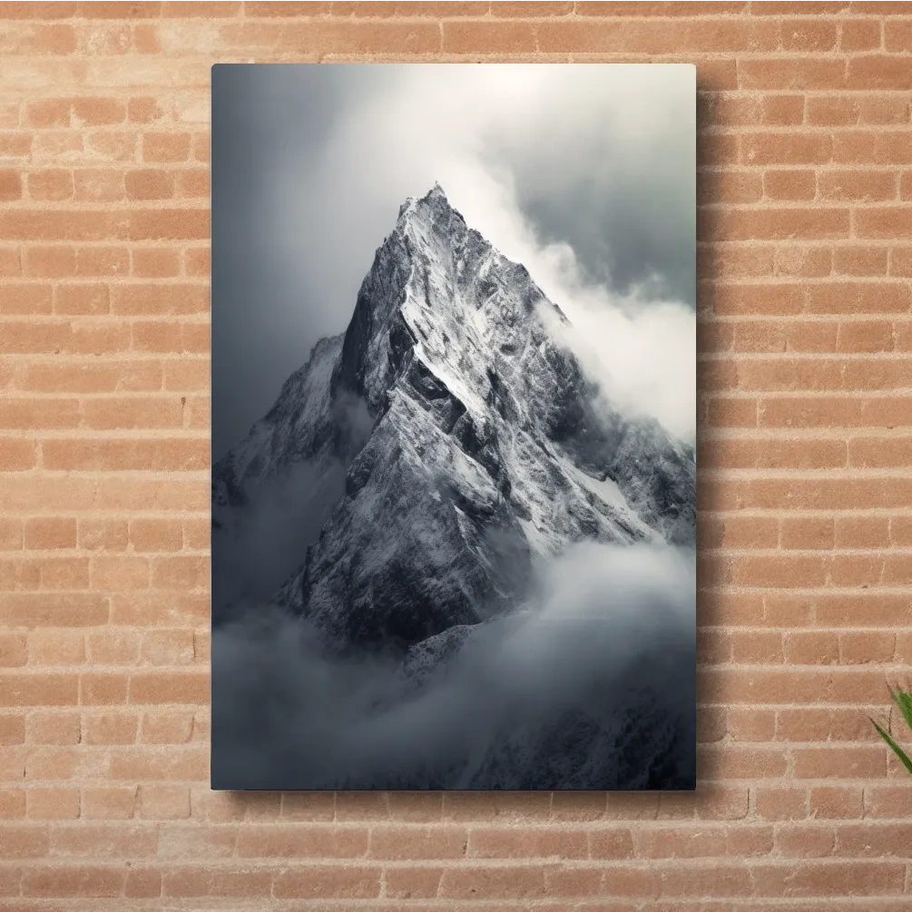 Photographic art, ominous snow capped mountain in the clouds