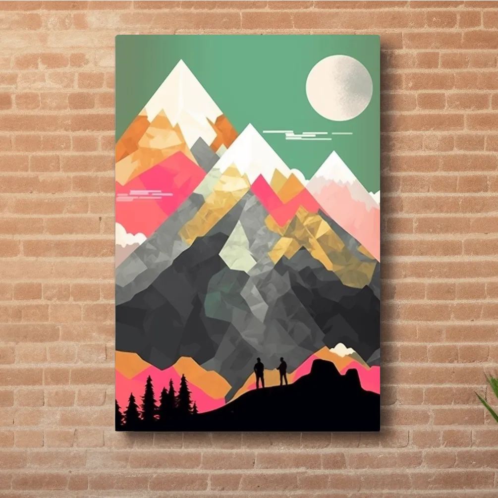 Simple flat colour 2d mountain art, colourful mountain ranges