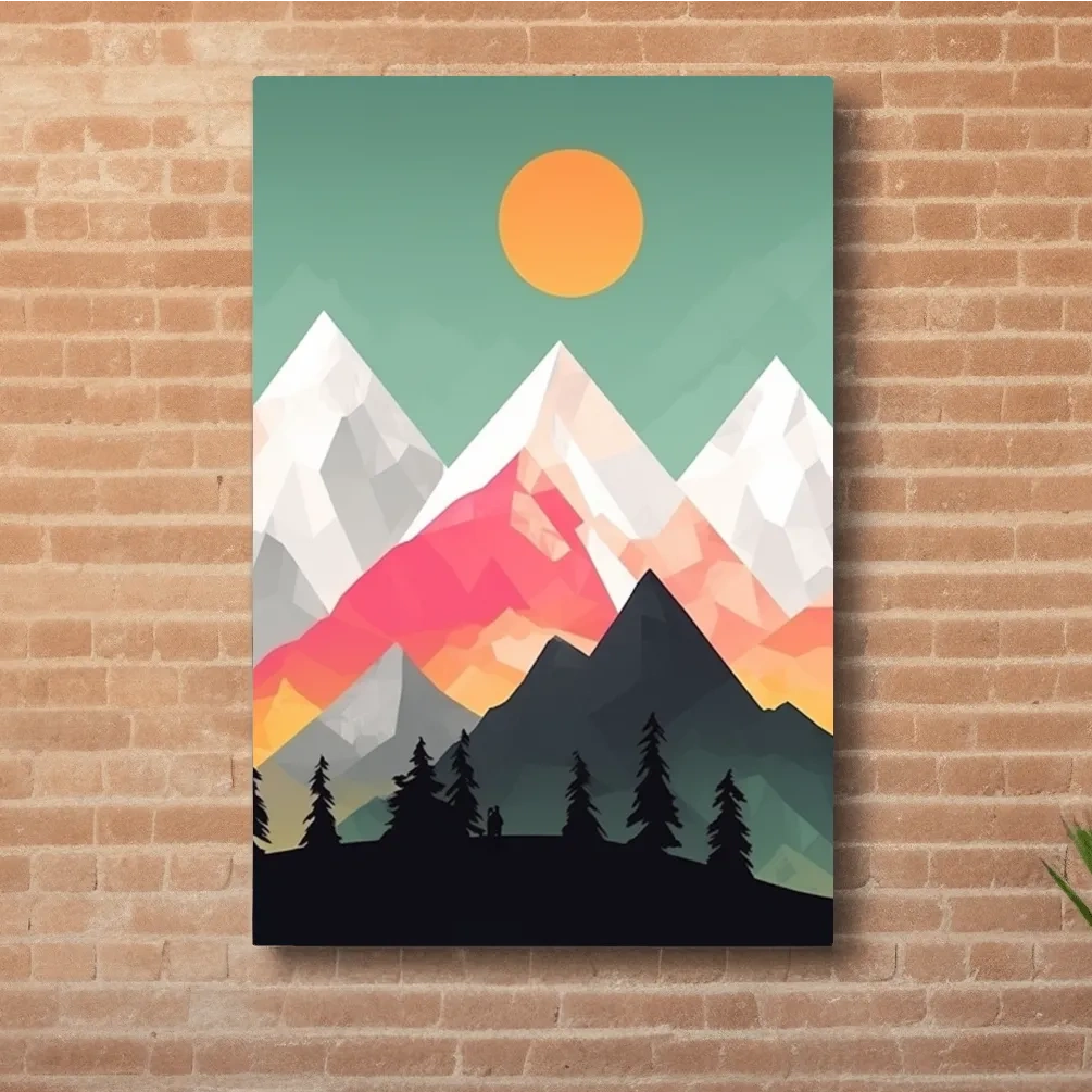 Simple flat colour 2d mountain art, colourful mountain ranges