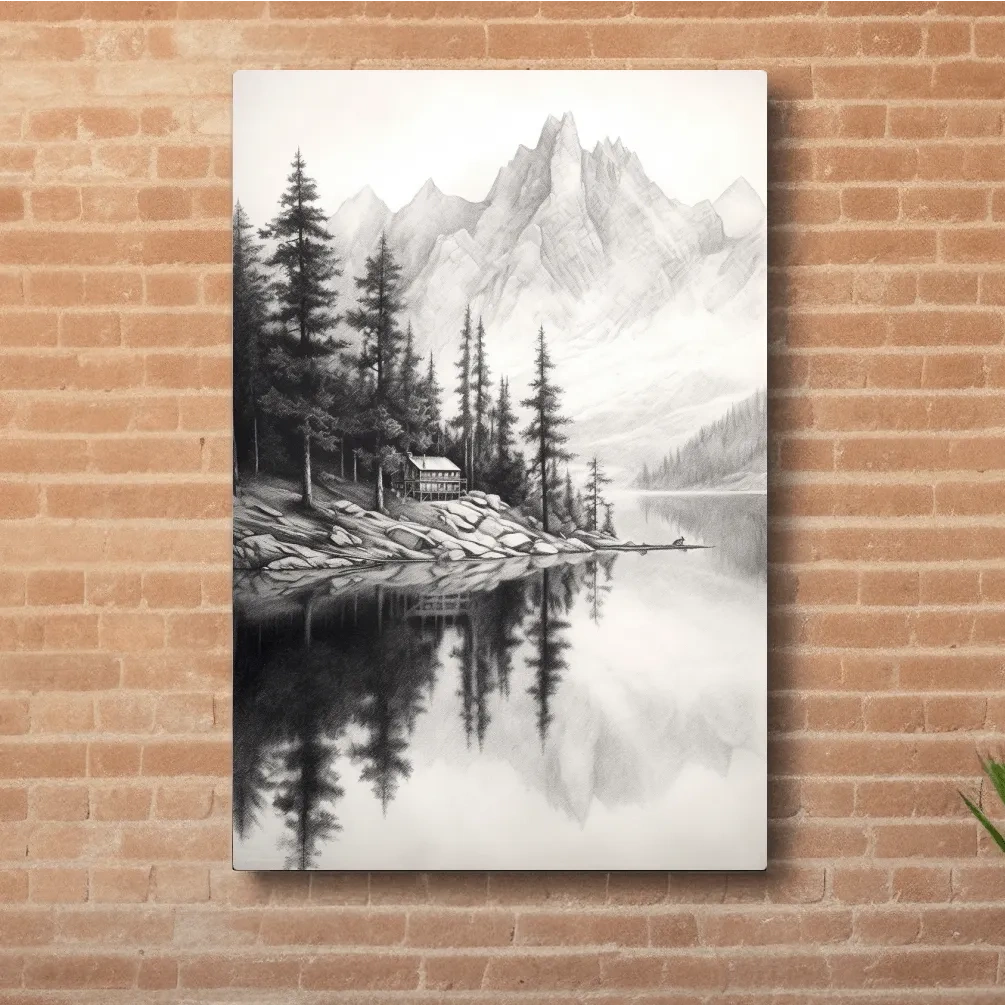 Lead pencil drawing of a cabin by an alpine lake
