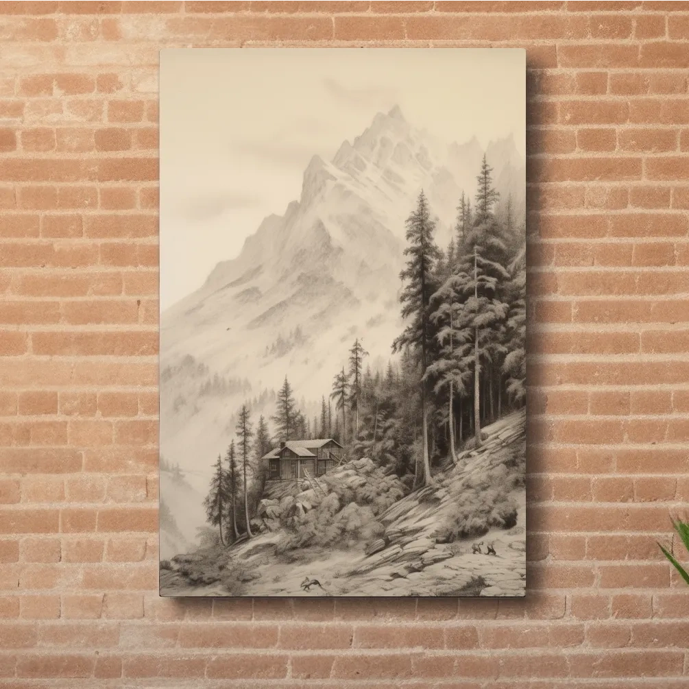 Lead pencil drawing of a cabin by a glacier