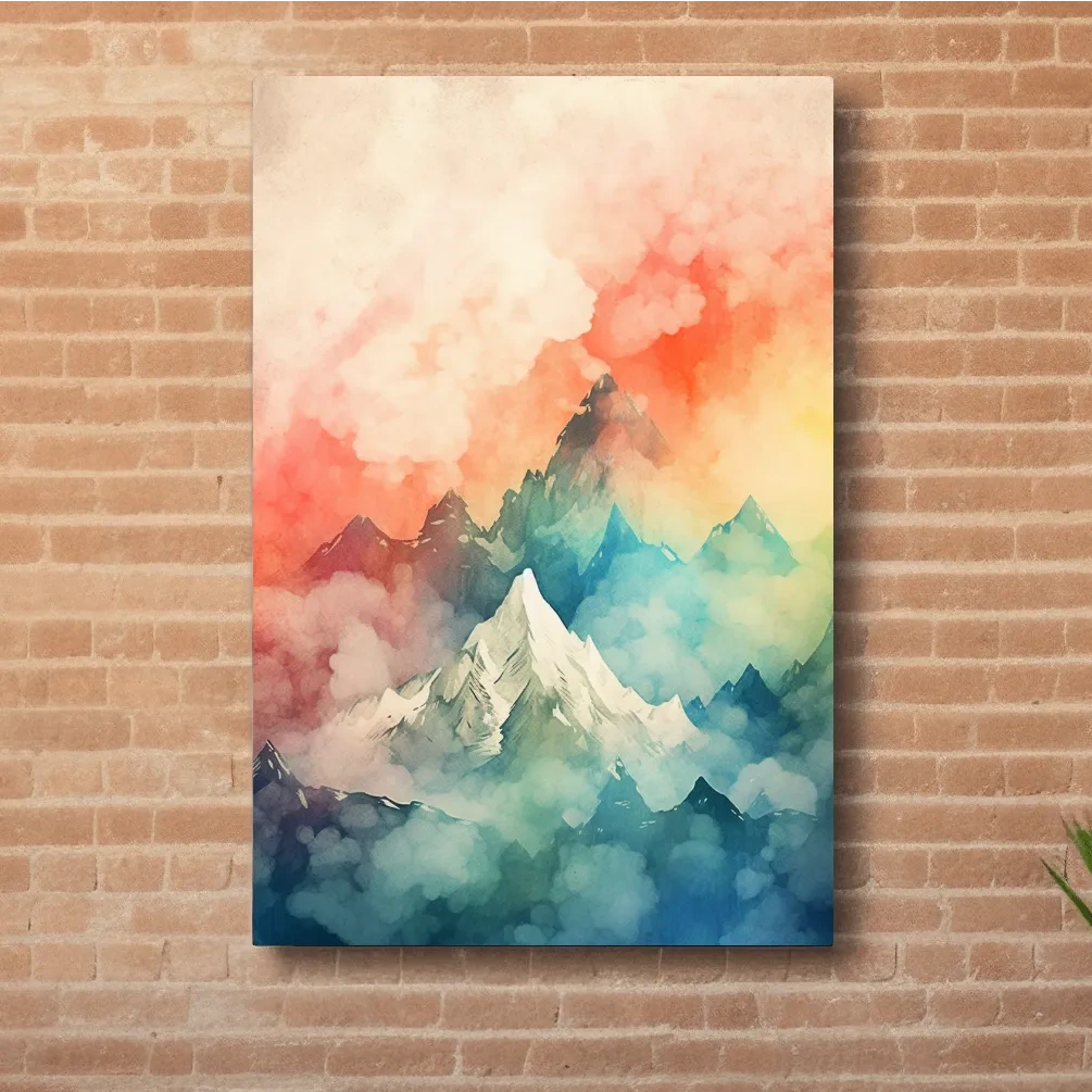 Colourful watercolour painting of a mountain landscape