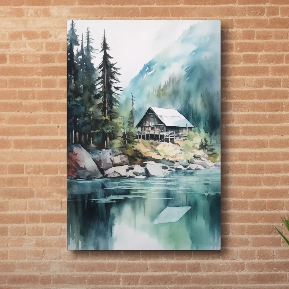 Watercolour painting of a cabin by a lake