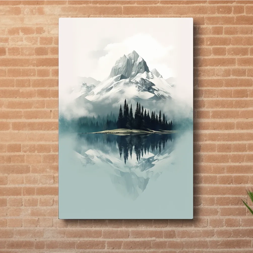 Misty Alpine Mountain Lake Reflection - Minimalist Watercolor Landscape Wall Art