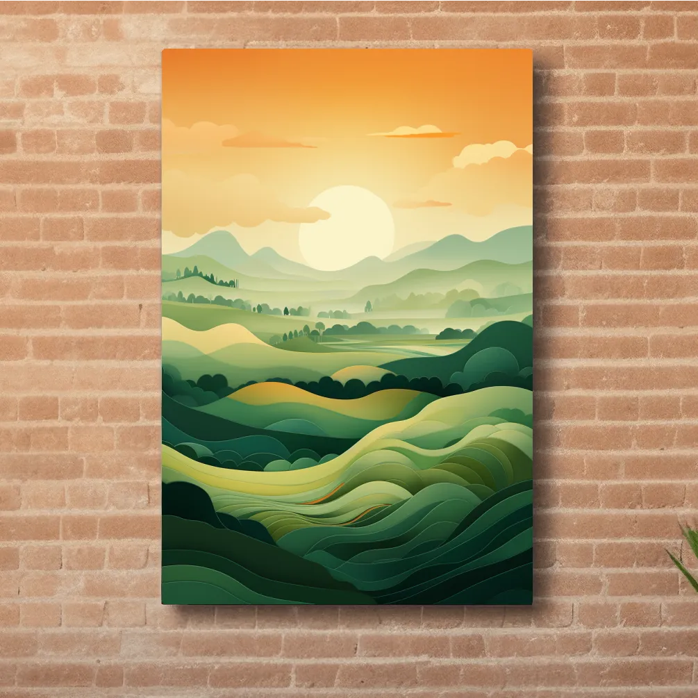 Illustration of rolling green hills at sunset