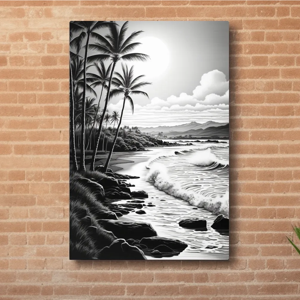 Black and white drawing of a tropical beach mountain scene