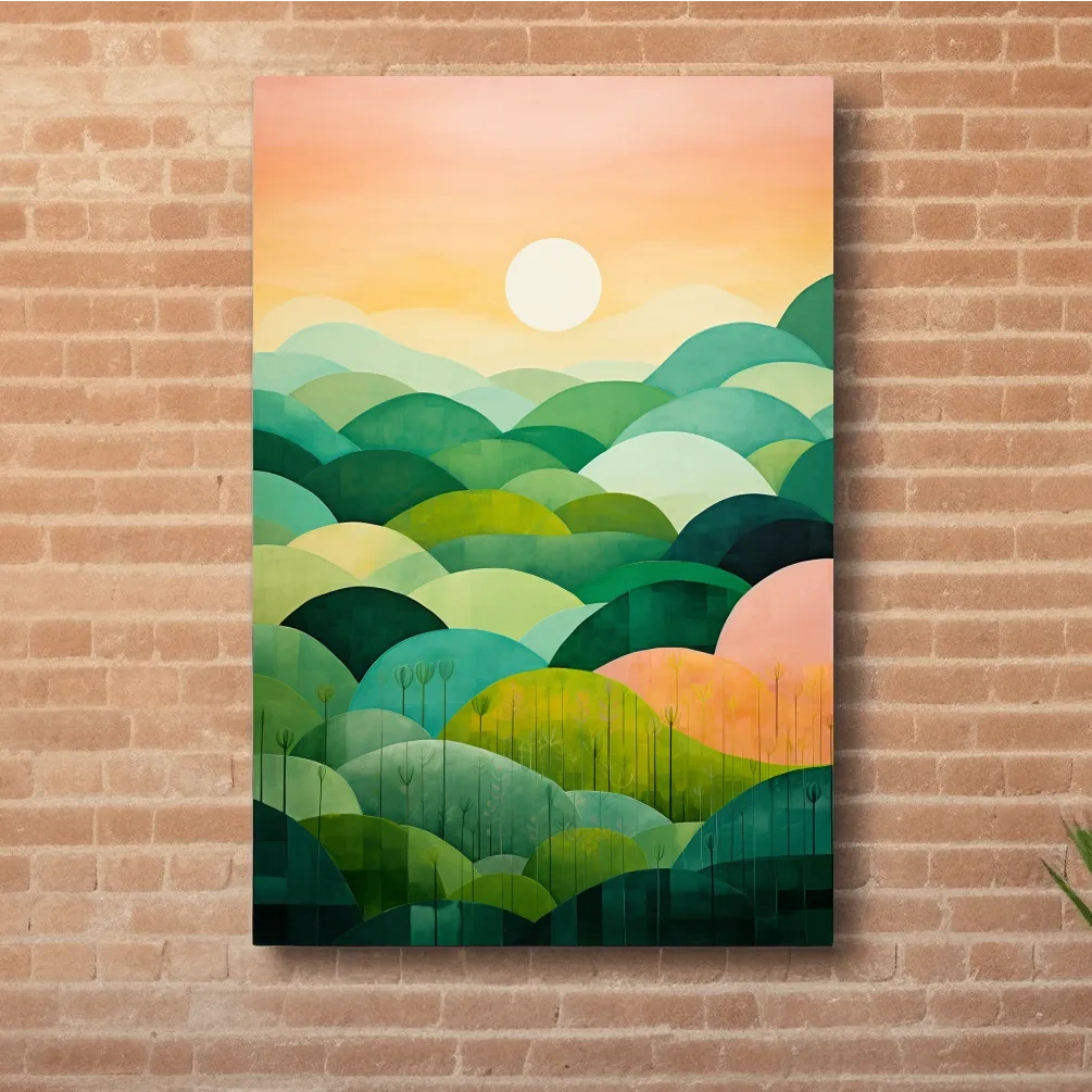 Rolling green abstract hills at sunset