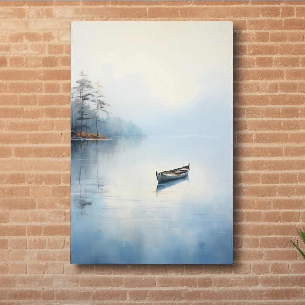 Watercolor painting, canoe on a misty lake
