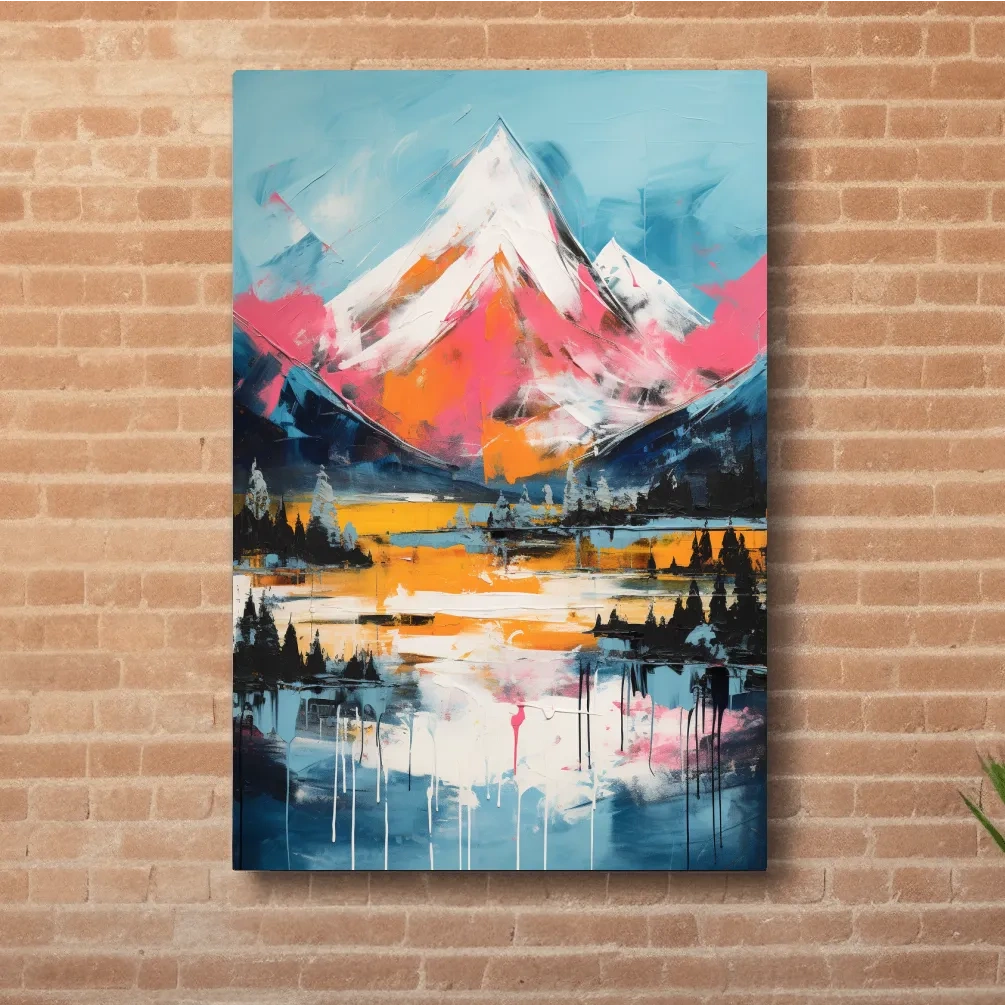 Bright painting of a snow capped mountain